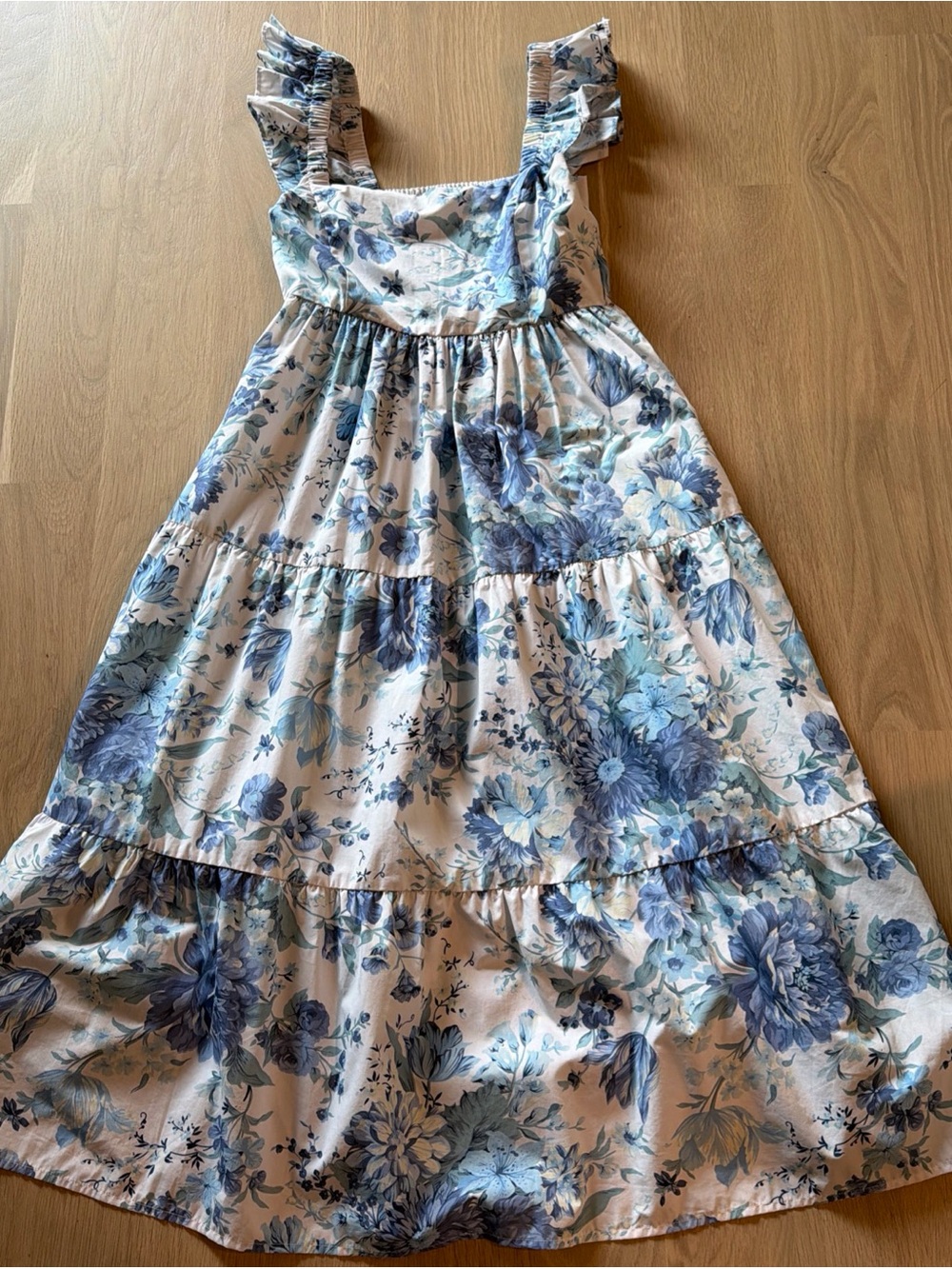 Edited Pieces Cottagecore Summer Blue and White Floral Smocked Midi Dress